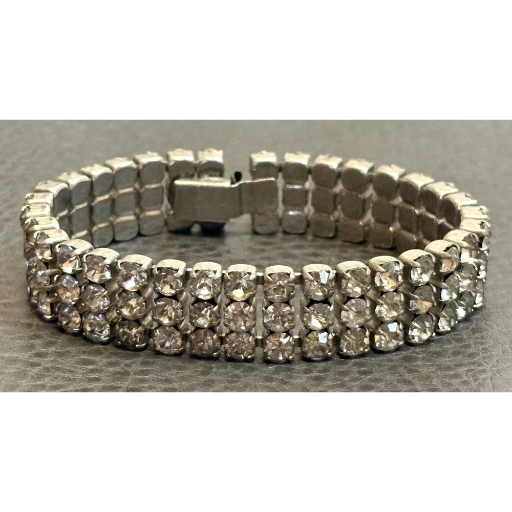 VTG Rhinestone Bracelet Silver Tone 3 Rows Art Deco - MCM Era Sparkly
